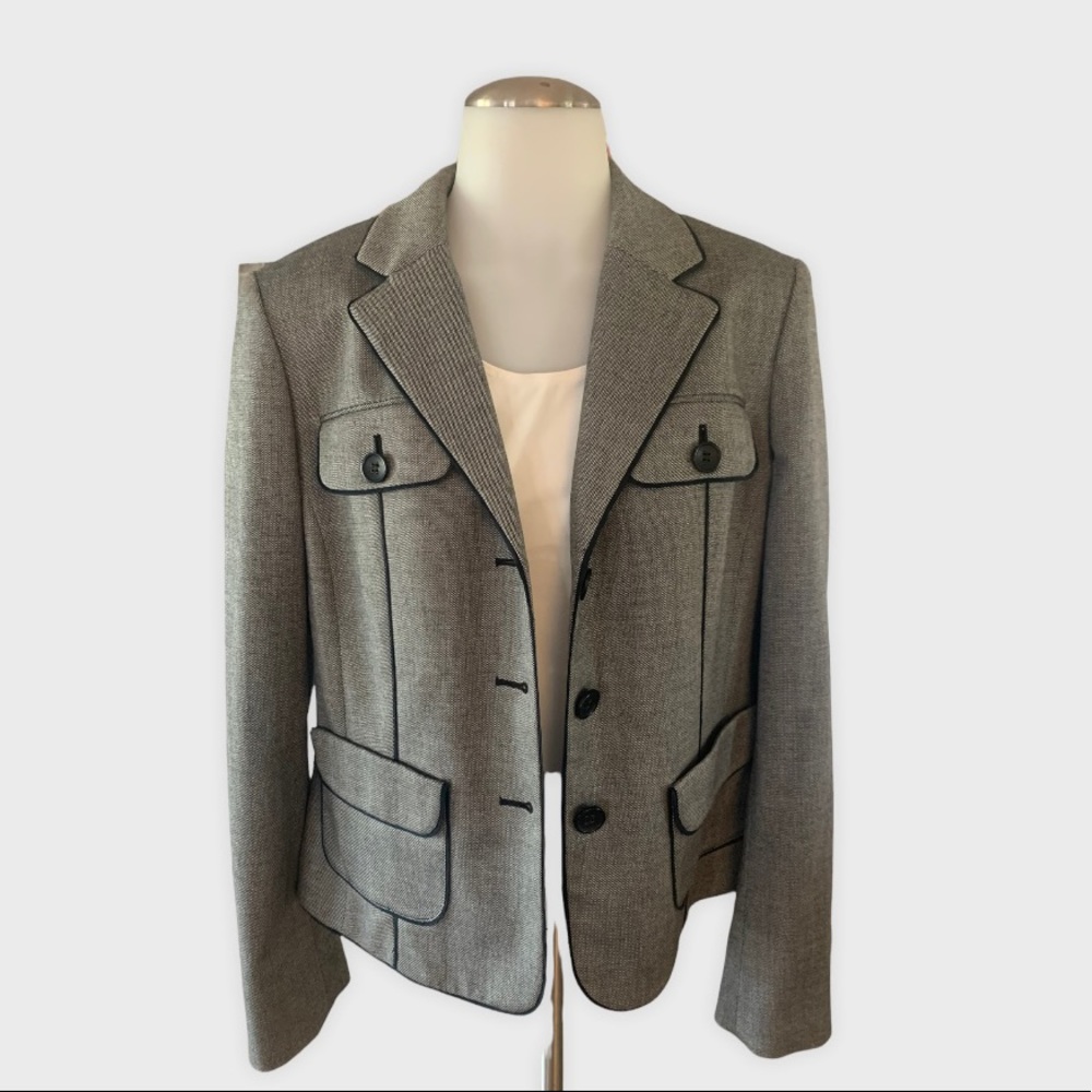 Ann Taylor LOFT Grey/Silver 3-Button Jacket with Black Piping. Size 10